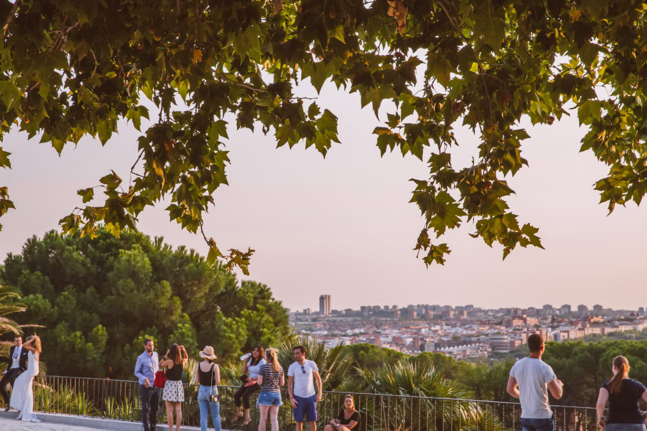 Friends enjoying sunset at the temple of debod in madrid,spain.