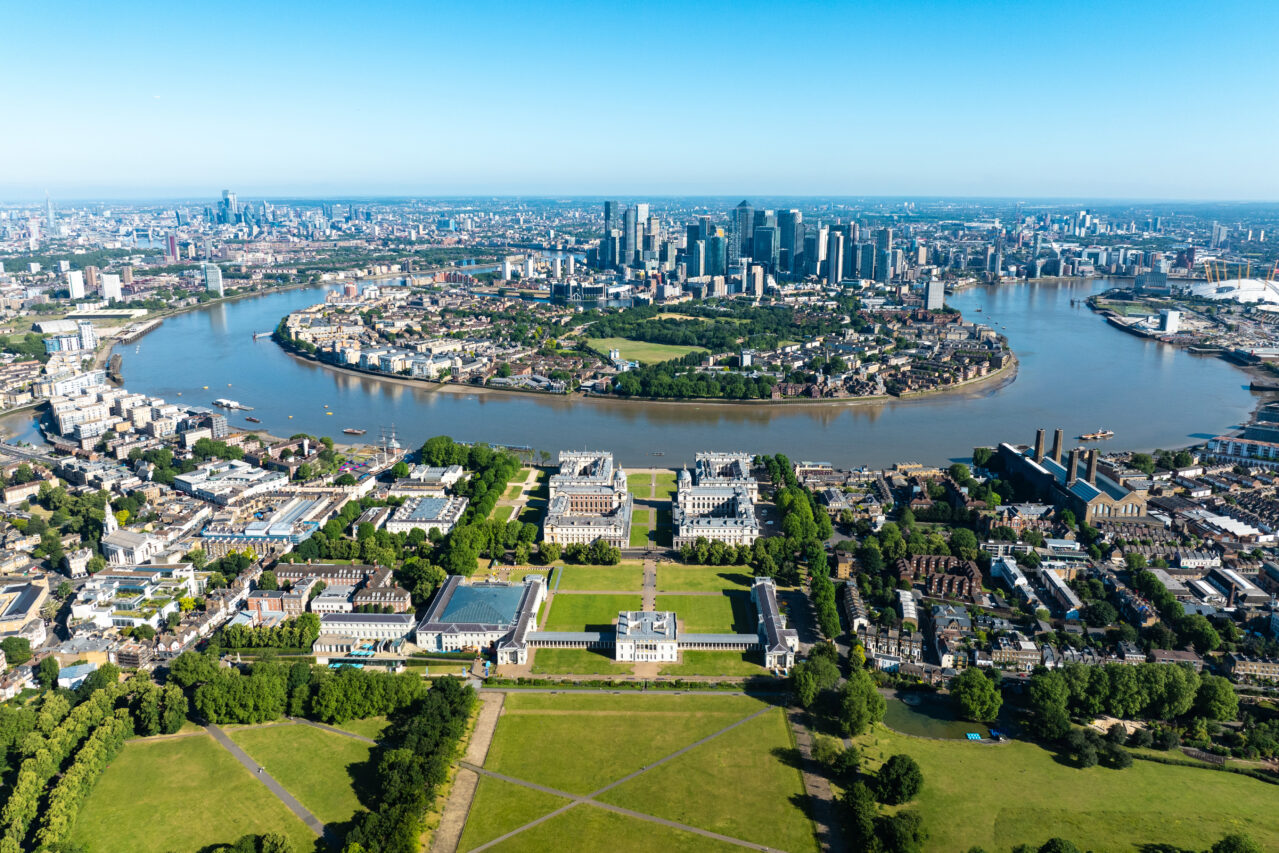 Aerial view of greenwich park with views to canary wharf on summer morning, london